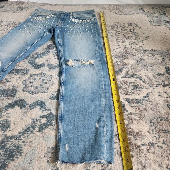 Zara Faux Pearl Embellished Skinny Jeans Size 4 Low Rise Ribbon Distressed Crop - Picture 11 of 13